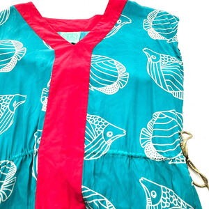 SAIL TO SABLE Large 100% Silk Blue Pink Fish‎ Print Cinch Waist Swim Cover Dress